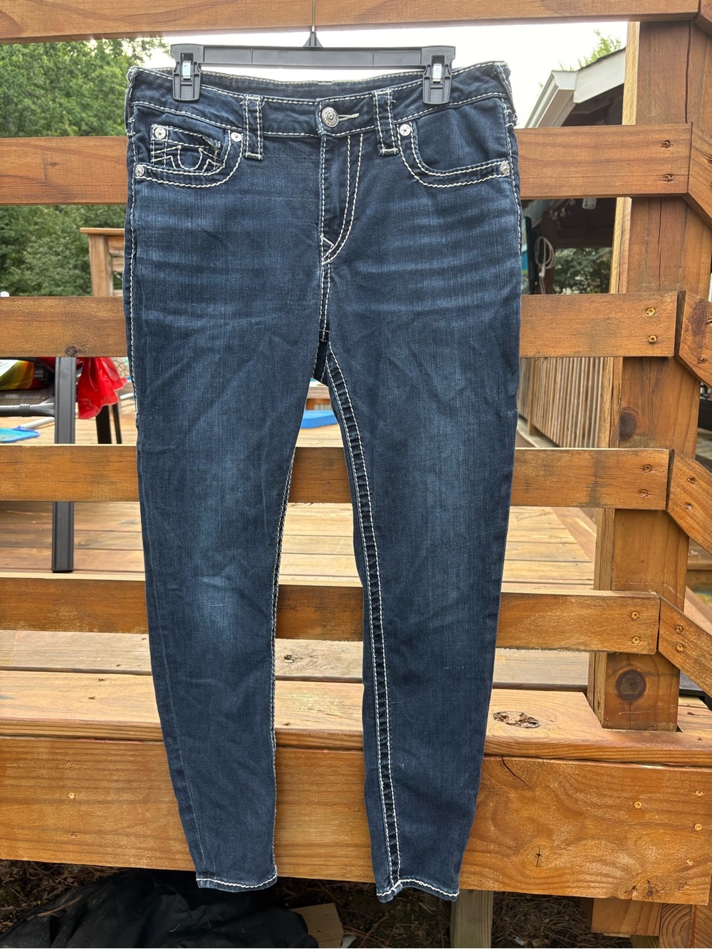 True Religion Dark Wash Skinny Jeans White Contrast Stitch Size 31